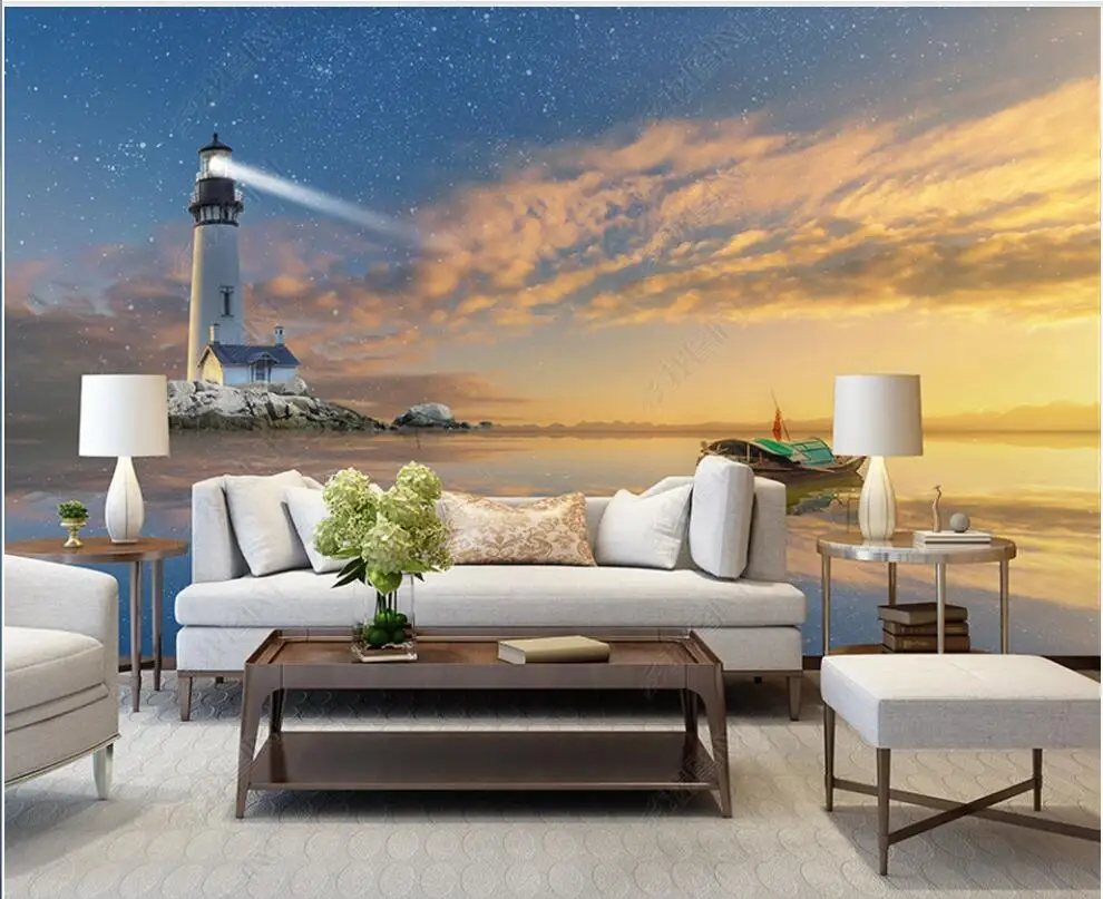 

3d обои Красивый Маяк Рыбалка лодка Чайка звездное небо обои для украшения дома пользовательские фото обои на стену