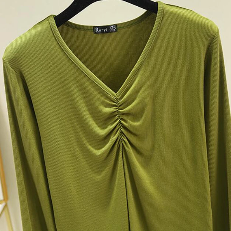 modal long sleeve solid V-neck t-shirt women high stretch slim tops 2020 spring autumn Loose Basic Bottoming tshirt Plus size | Женская