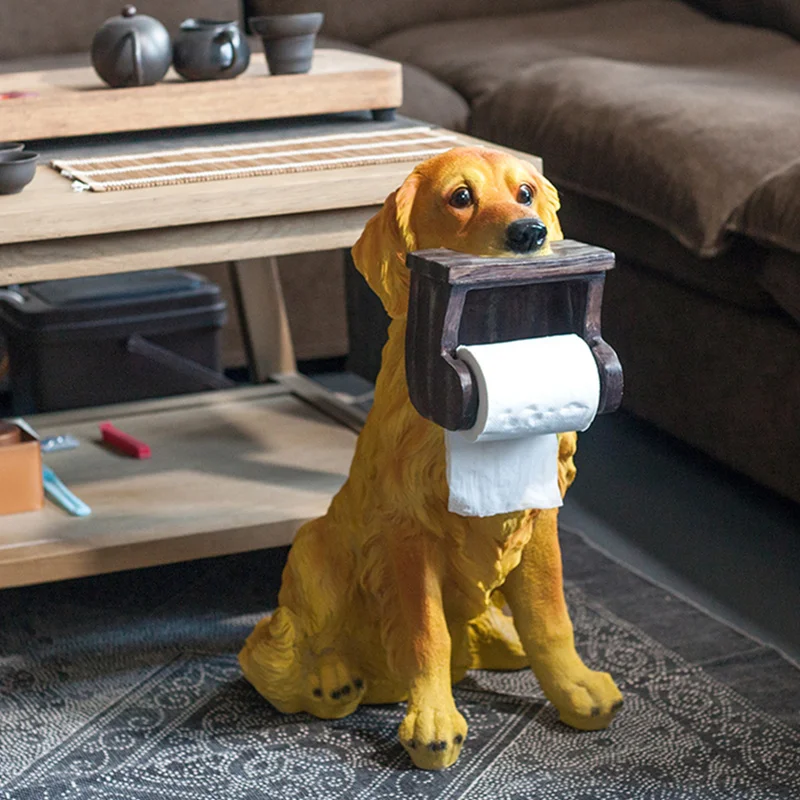 Cute Puppy Statue Simulation Animal Dog Golden Retriever Creative Tissue Box Home Bathroom Decor Roll holder Action Figure Toy | Игрушки и