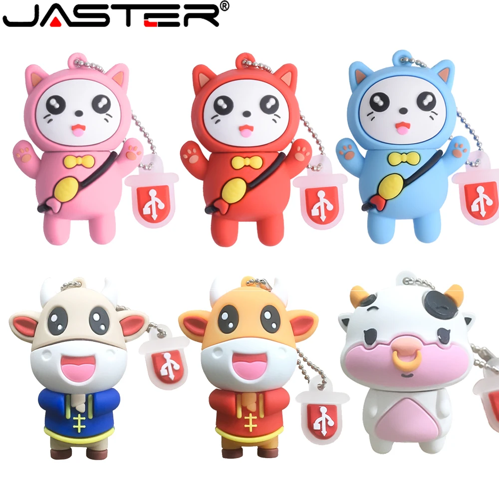 

JASTER Cartoon Bull USB2.0 Flash Drives 4GB 8GB 16GB 32GB 64GB 128GB Cat Pen Drive Wholesale Promotion Cow Memory Stick pendrive