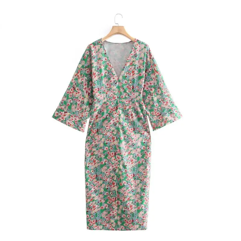 

ZA 2021 Summer Women Floral Printed Long Dress Long Sleeve Party Vestidos OL Midi O-Neck Fashion Woman Streetwear