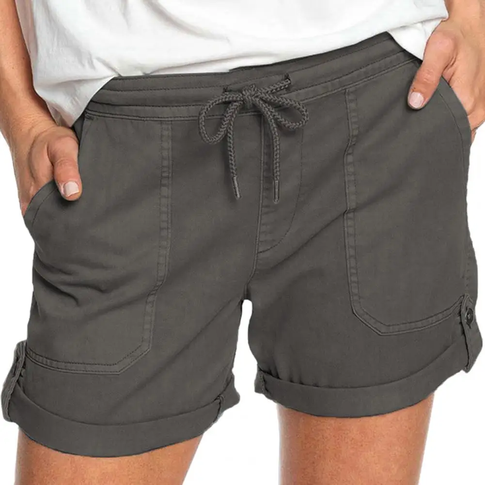 

Casual Women Shorts Mid Rise Solid Color Women Drawstring Pockets Short Pants Summer Loose Home Fashion Streetwear Ladies Pant