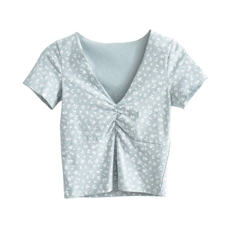 cultivate morality deep v-neck bosom smoke wrinkled white floral short sleeve T-shirt render unlined upper garment | Женская одежда