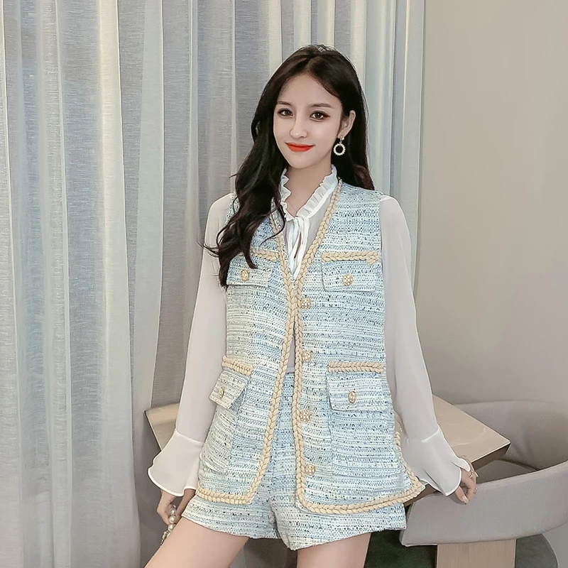 Женский элегантный твидовый комплект из 3 предметов блузка жилет и шорты осень 2019