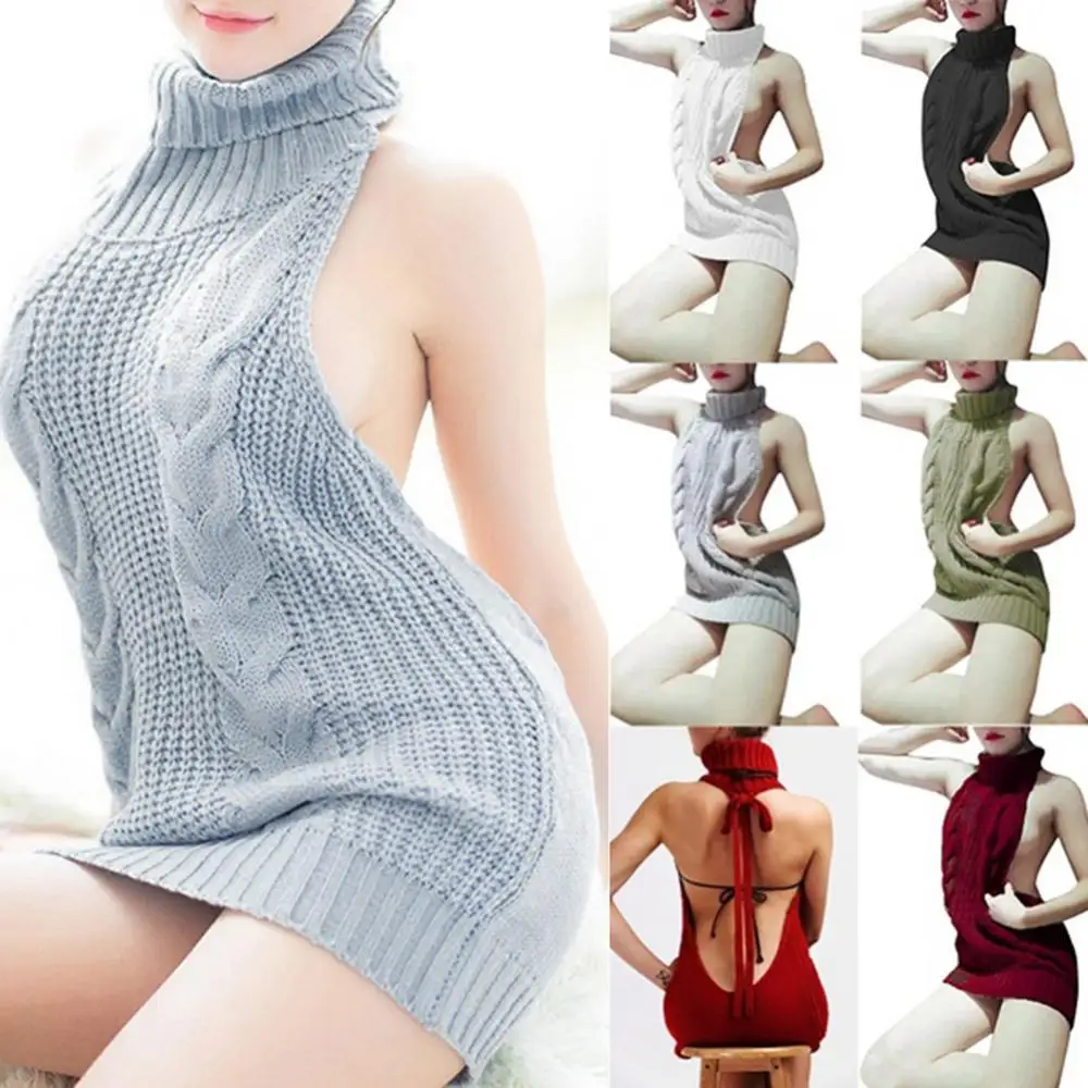 

Sexy Women's Sweater Fashion Backless Sleeveless Turtleneck Pullover Knit Sweater Virgin Killer Cosplay Dress Female Jumper
