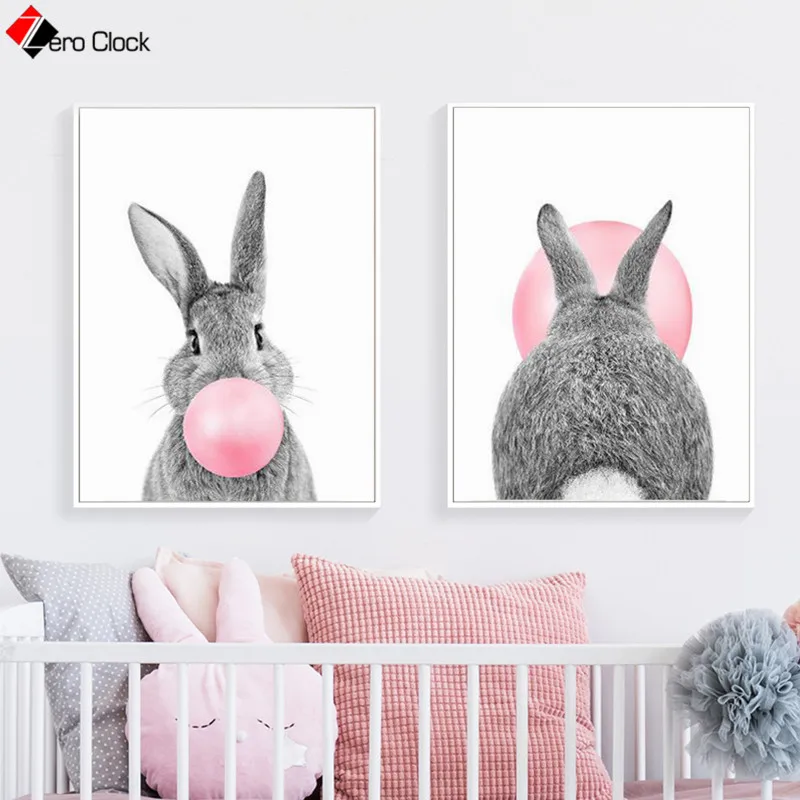 

Pink Bubble Gum Wall Art Baby Nursery Bunny Rabbit Poster Minimalist Canvas Painting for Kids Room Decoration Nordic Pictures