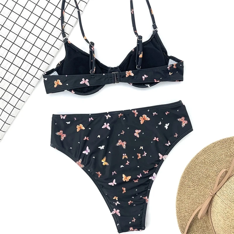 

Sexy Butterfly Print Swimsuit Push Up Swimwear Women Solid Swimsuit Underwire Bikini Two-piece Bathing Suit Beach Wear Female