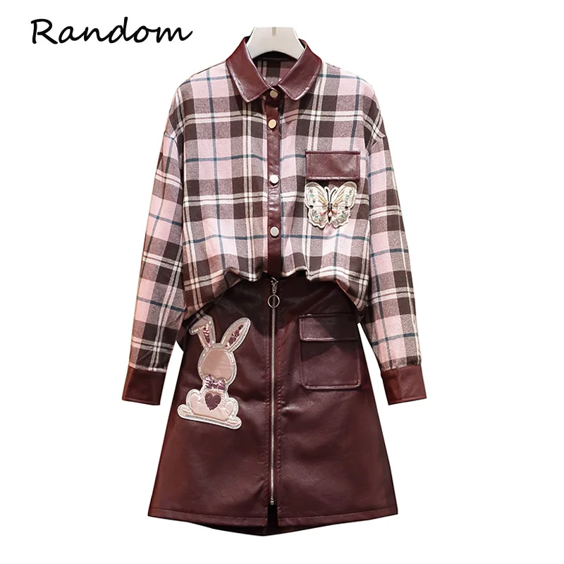 

Женский уличный костюм Y2K 2021, клетчатая рубашка и Кожаная Мини-Юбка А-силуэта из искусственной кожи, комплект из двух предметов, модная одежд...