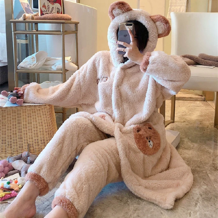 

Winter Women Coral Velvet Pajamas Sets Lady Long Sleeves Fleece Hooded Robe & Pants Sleepwear Cartoon Homewear Leisure Pyjamas