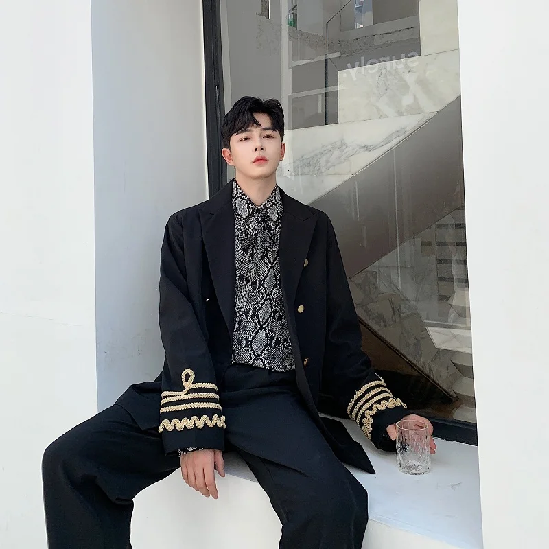 

Hop Hip Streetwear Suit Jacket Outerwear Stage Blazer Hombre Vintage Double Breasted Loose Casual Suit Blazer Coat Uniform Male