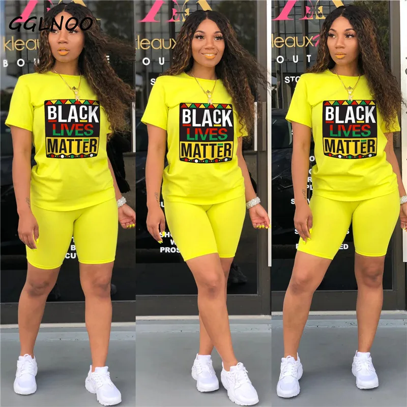 

GGLNOO Women Black Lives Matter O-Neck Tee Tops Knee Length Jogger Pants Suit Two Pieces Shorts Sets GG22822