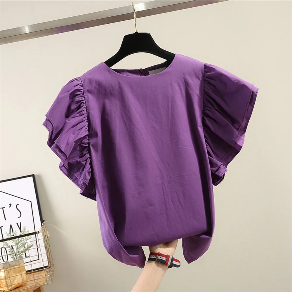 Корейская футболка с оборками Женская модная офисная круглым вырезом и коротким