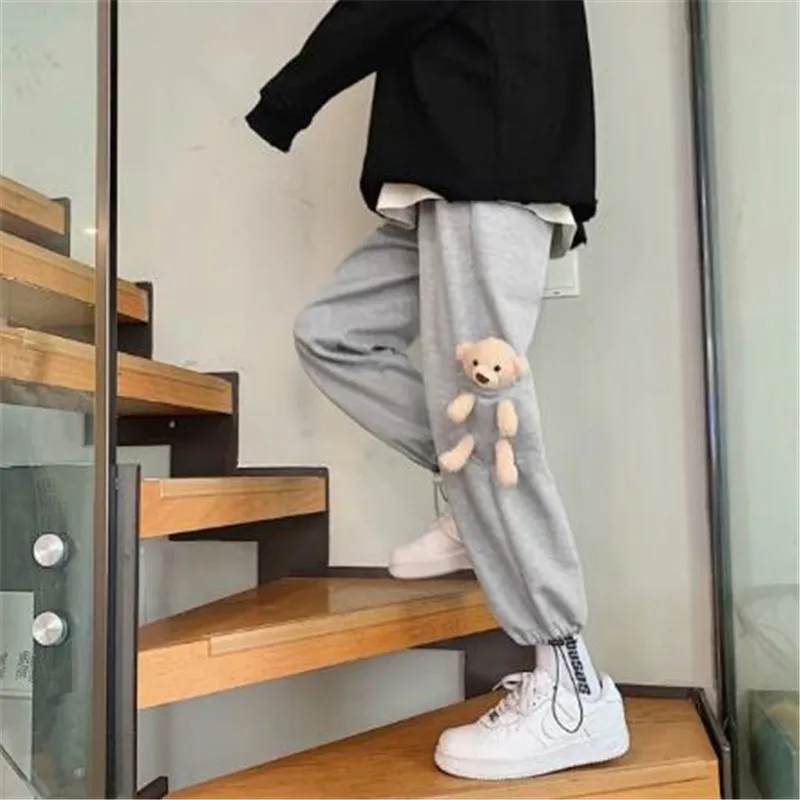 

Autumn and Winter New Bear Casual Pants Straight Leg Sports Pants Women Plus Velvet Thick Wild Hong Kong Style Loose Leggings