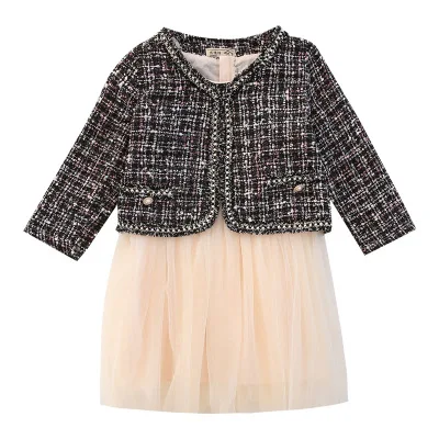 

Plaid Jacket+Mesh Patchwork Dress Children Girls Two Piece Suits Elegant Kids Girls Dress Set Toddler Clothing Set Kids 2PCS