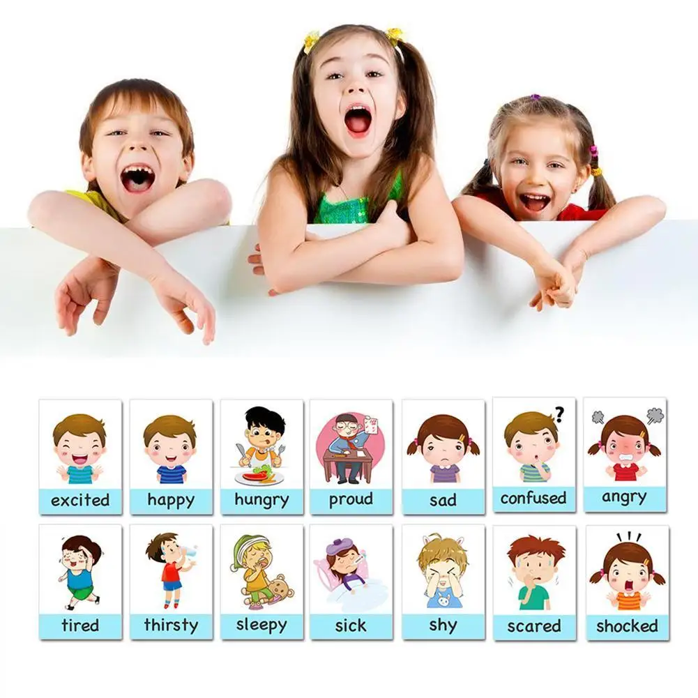 

14pcs Montessori Kids English Learning Cards Cartoon Emotion Flash Card For Children Baby Early Educational Memory Game Toys