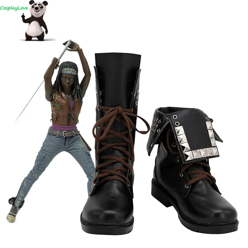 The Walking Dead-Botas largas negras Michonne, zapatos de Cosplay de cuero hechos a medida para fiesta de Halloween y Navidad