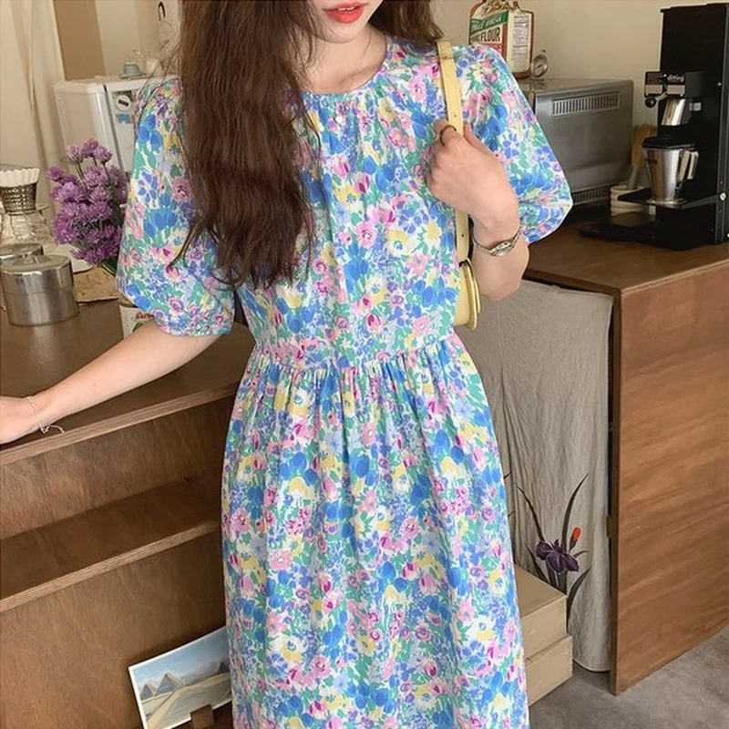 

Korean Fashion Chic Vintage Sweet Oil Panting Flower Long Dress Cottagecore Puff Sleeve Pullover Dress for Women Clothing Pleat