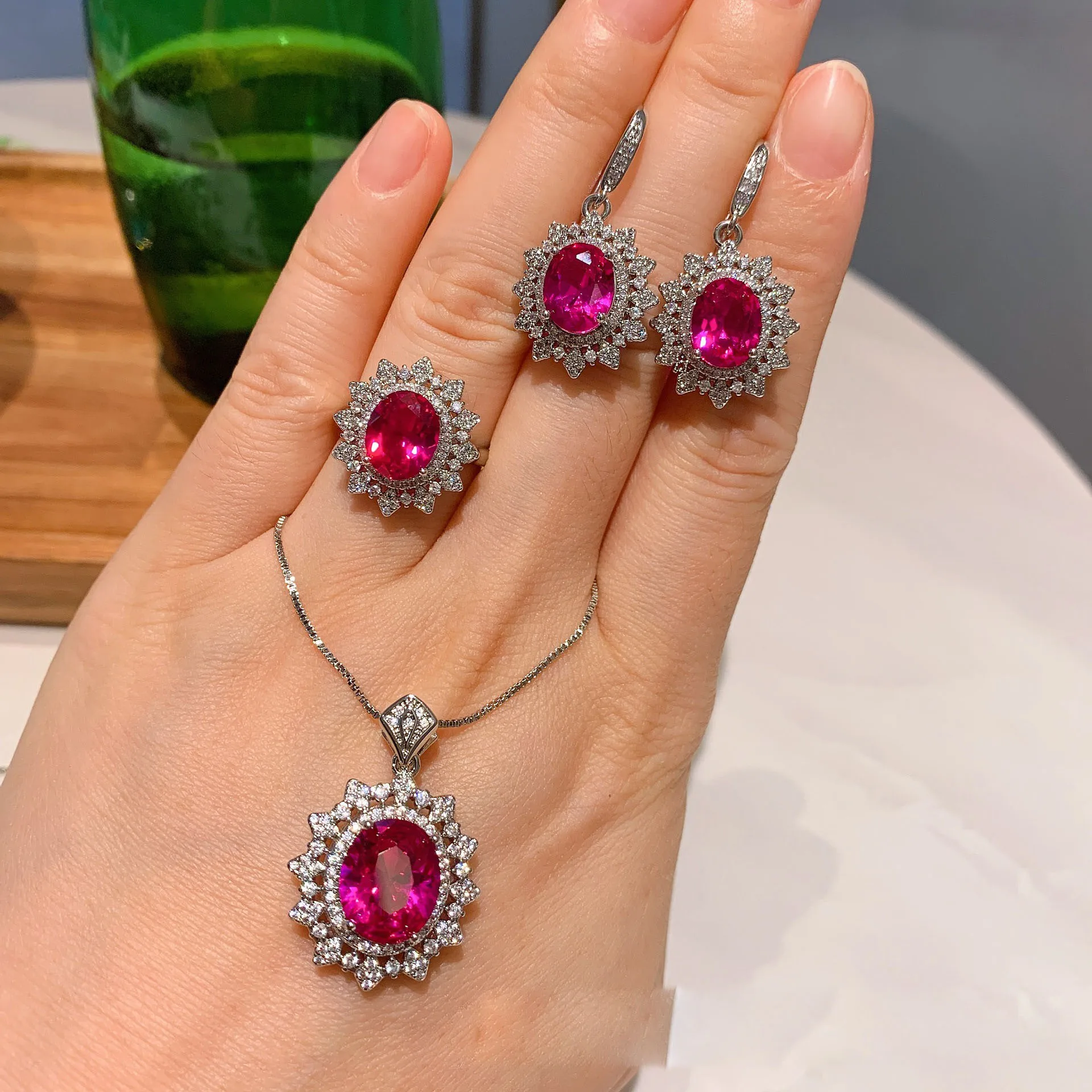 

925 Sterling Silver Needle Simulation Gemstone Jewelry Three-piece Set Fine Pendant Necklace Ring Earring For Women Wedding Gift