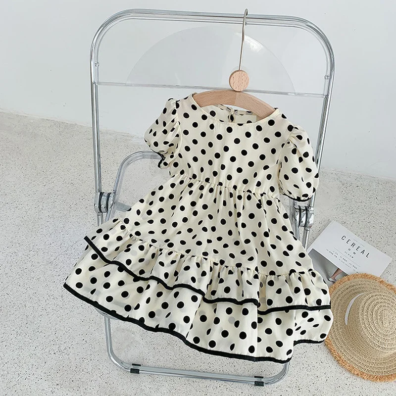 

Fashion Korean Summer Girls Chiffon Princess Costume Lovely Dots Short Sleeve Dresses Layer Clothes Birthday Children Outifts