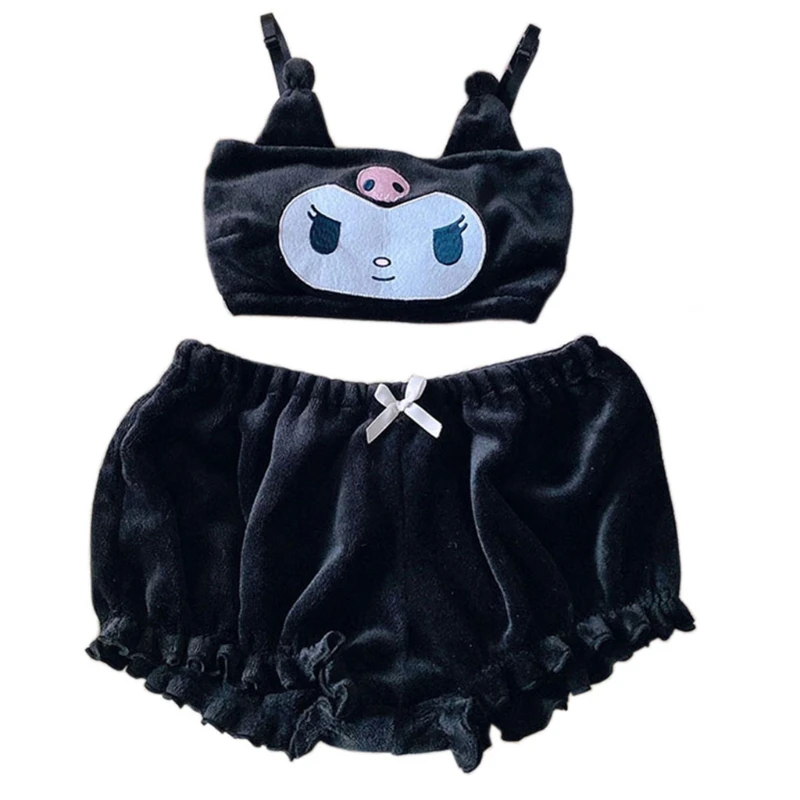 

K3NF Women Anime 2pcs Velvet Pajama Cute Evil Ears Kawaii Shorts Sleepwear Lingerie
