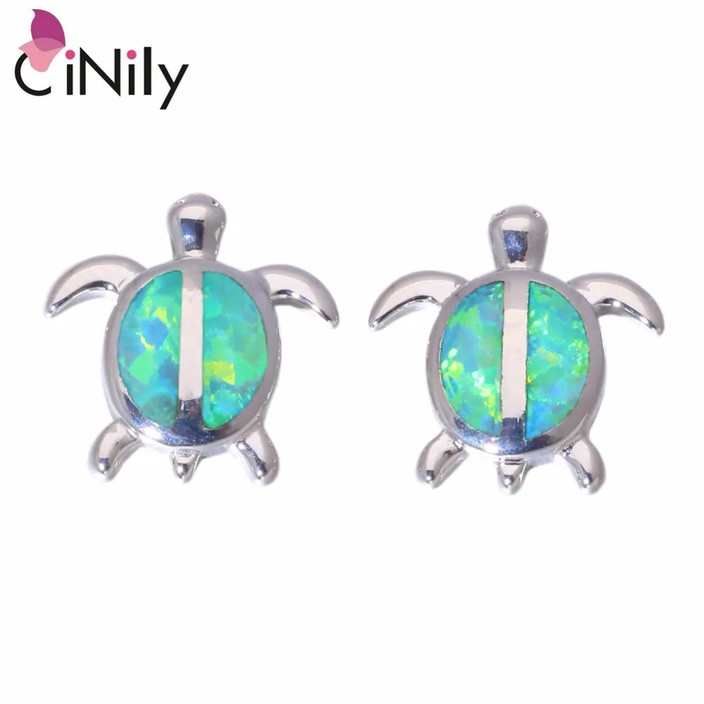 

CiNily Green Blue Created Fire Opal Silver Plated Wholesale Tortoise for Women Jewelry Christmas Gift Stud Earrings OH4404-05