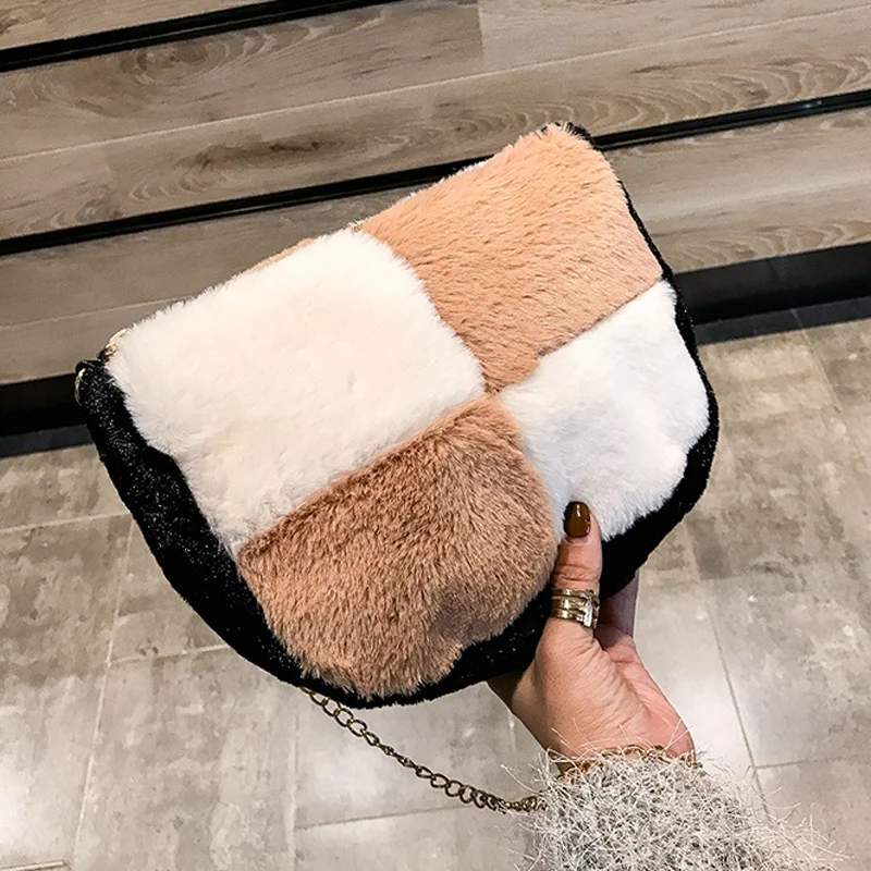 Осенне зимняя меховая модная сумка из искусственного меха контрастного цвета