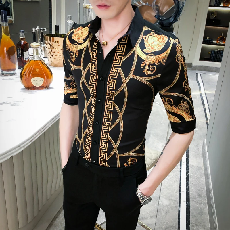 

Luxurious Print Shirts 2021 Summer High Quality Business Half Sleeve Shirt Casual Slim Fit Dress Tops Social Work Chemise Homme
