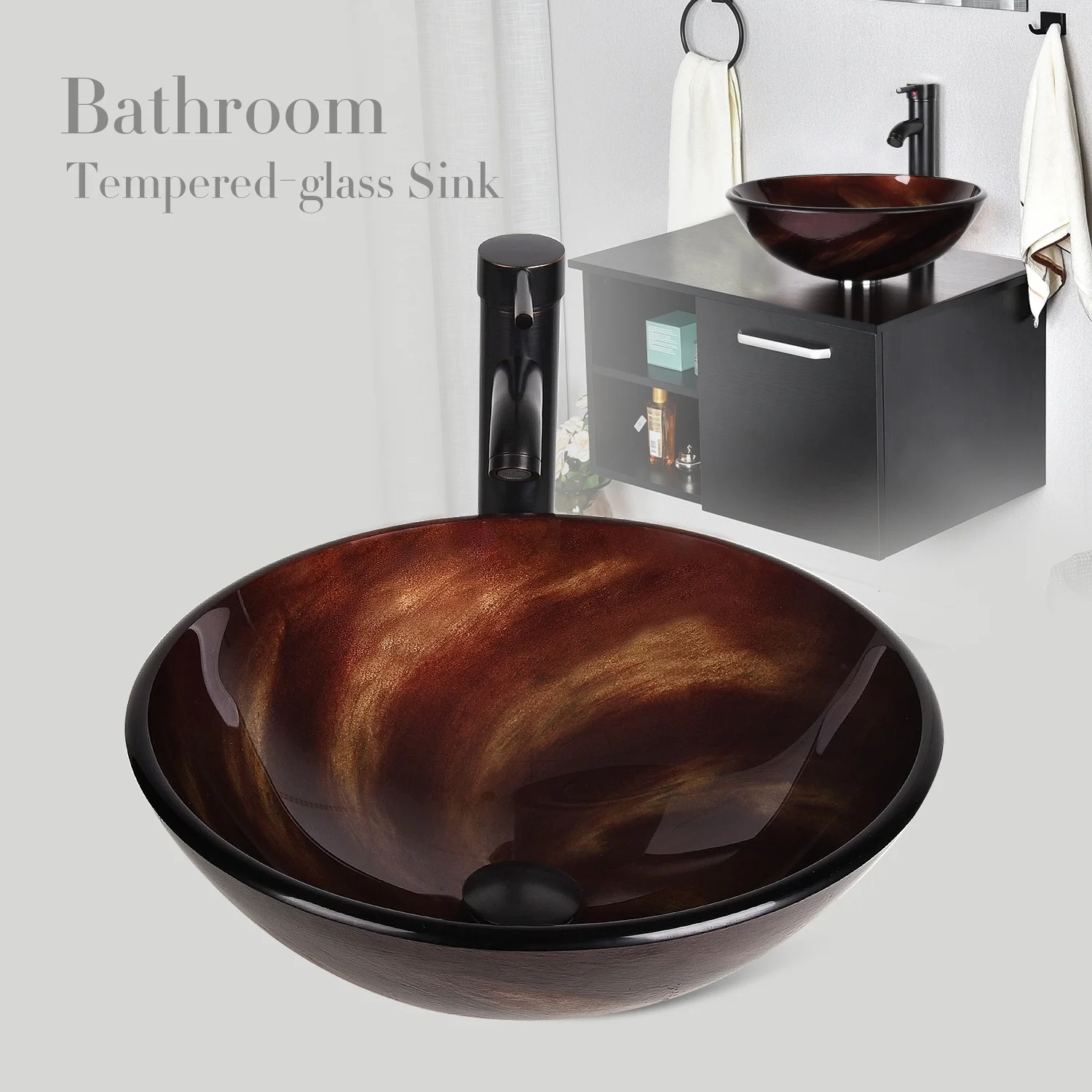 

Bathroom Round Tempered Glass Vessel Sink Bowl Basin Faucet Combo Lavatory