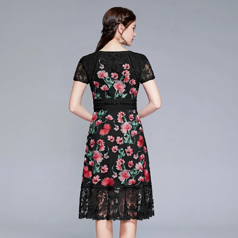 

Dress Vestidos XXXXL De Festa 2021 Spring Summer Party Events Women O-Neck Allover Tulle Mesh Embroidery Short Sleeve Midi Dress