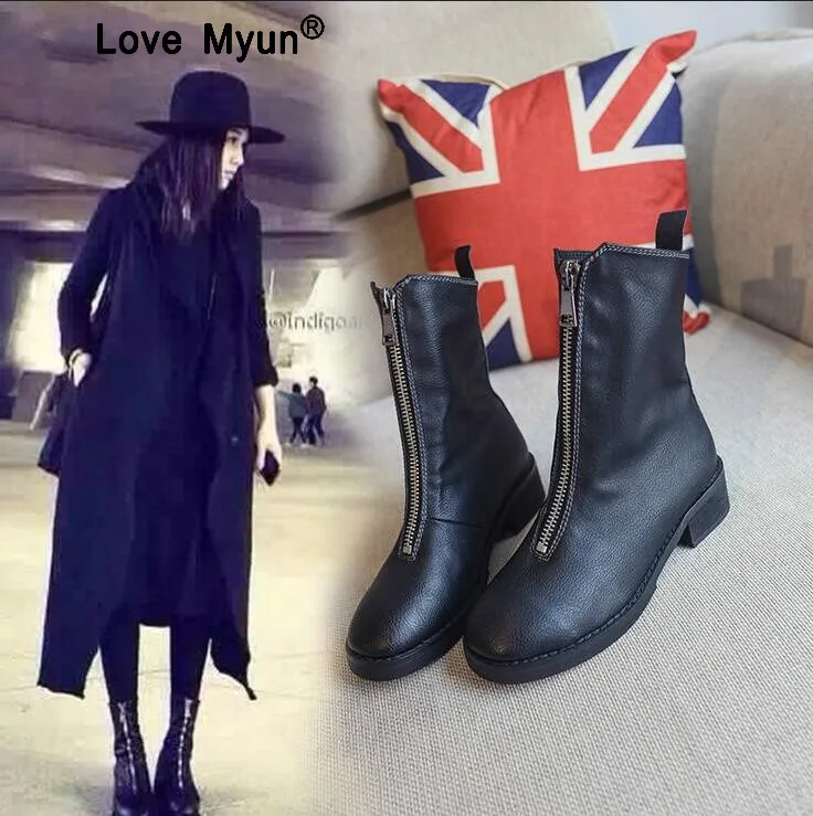

Nice Spring Autumn Women Pop Fashion Round Head Front Zipper Low Heel Boots Black Shoes Waterproof Shoes Boots for Women