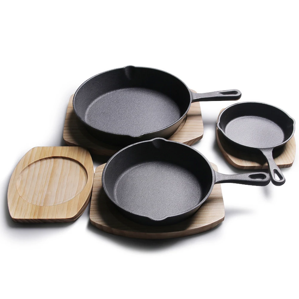 

14/16/20 Cm Cast Iron Frying Pan Uncoated Non-Stick Skillet Seasoned Pan With Wooden Tray Cookware Fryer Kitchen Appliance