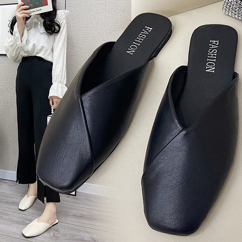 

Women Mules 2021 Summer Elegant Square Closed Toe Flat Slippers Female Shoes Casual Leather Black White Slides Plus Size 35-43