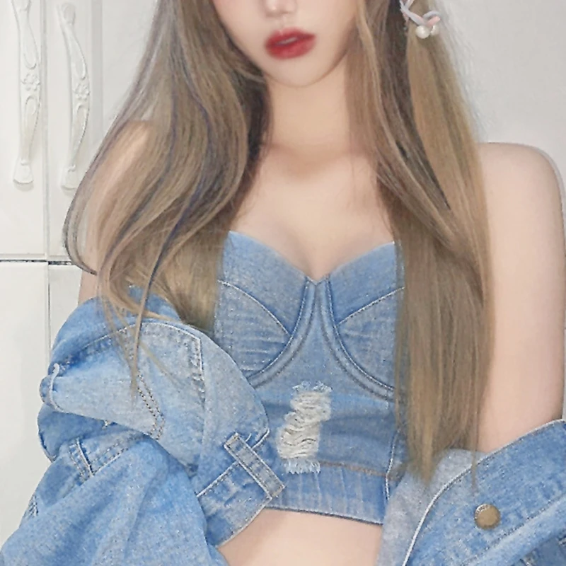 

Women Destucted Denim Bustier Crop Top Spagehtti Strap Ripped Push Up Corset Camisole Vest Night Club Jeans Bralette