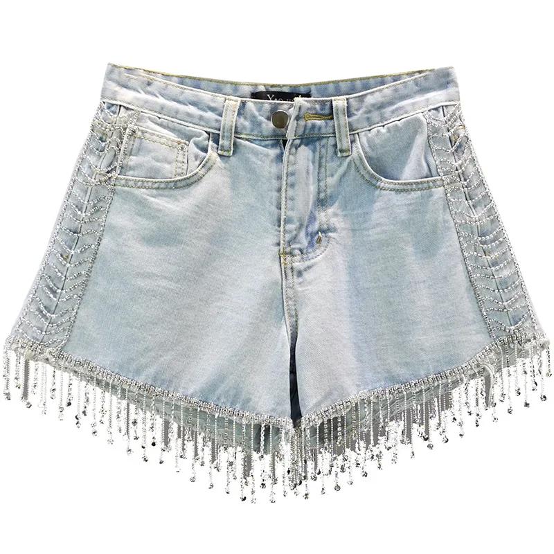 

tassel rhinestone denim women shorts summer new high waist pocket wide leg sexy female shorts top quality
