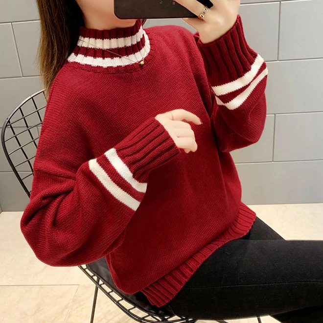 

2021 autumn new striped side black half high neck shirt for women loose pullover long-sleeved sweater oversized sweater
