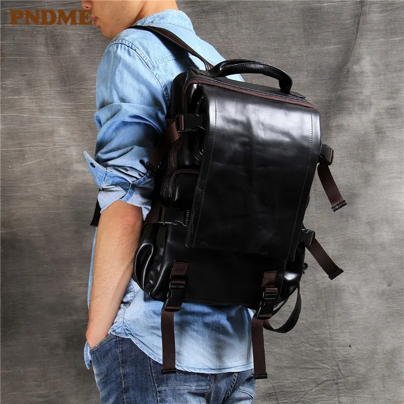 PNDME high quality genuine leather men's black backpack casual simple designer luxury cowhide anti-theft travel laptop bagpack