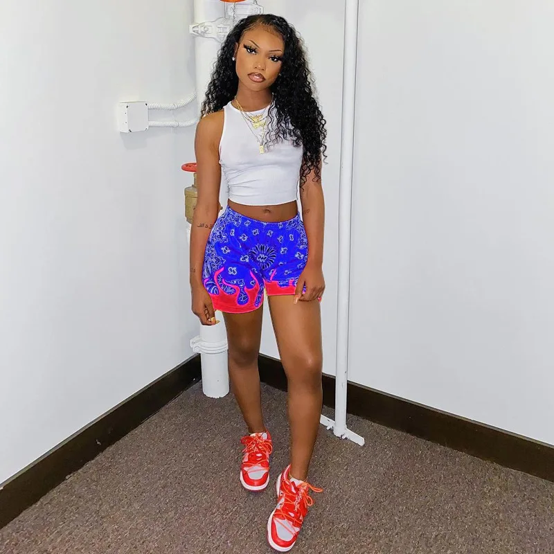 

Chocomist Two-piece Street O Neck Cashew Print Women Shorts Set A8073