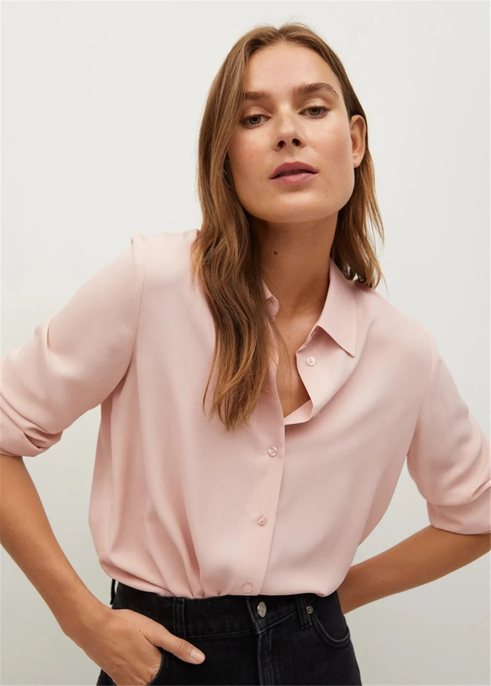 

European and American style 2021 spring new women's clothing temperament pink casual slim long sleeve shirt women's irregular sh