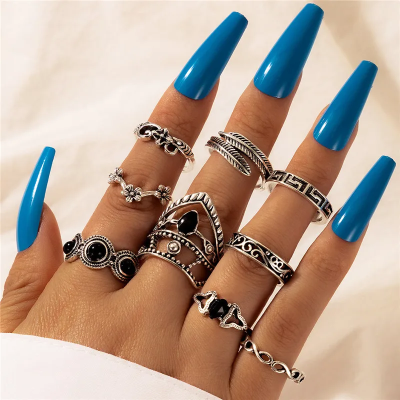 

HI MAN 9Pcs/Set Bohemian Vintage Mixed Crystal Feather Crown Wave Flower Ring Women Mysterious Noble Party Jewelry