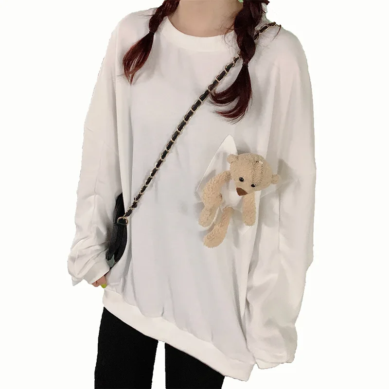 

New Fashion Bear Doll Sweatshirt Women Spring Autumn Thin Loose Korean Style Pullover Cute Solid Color Streetwear Female Clothes