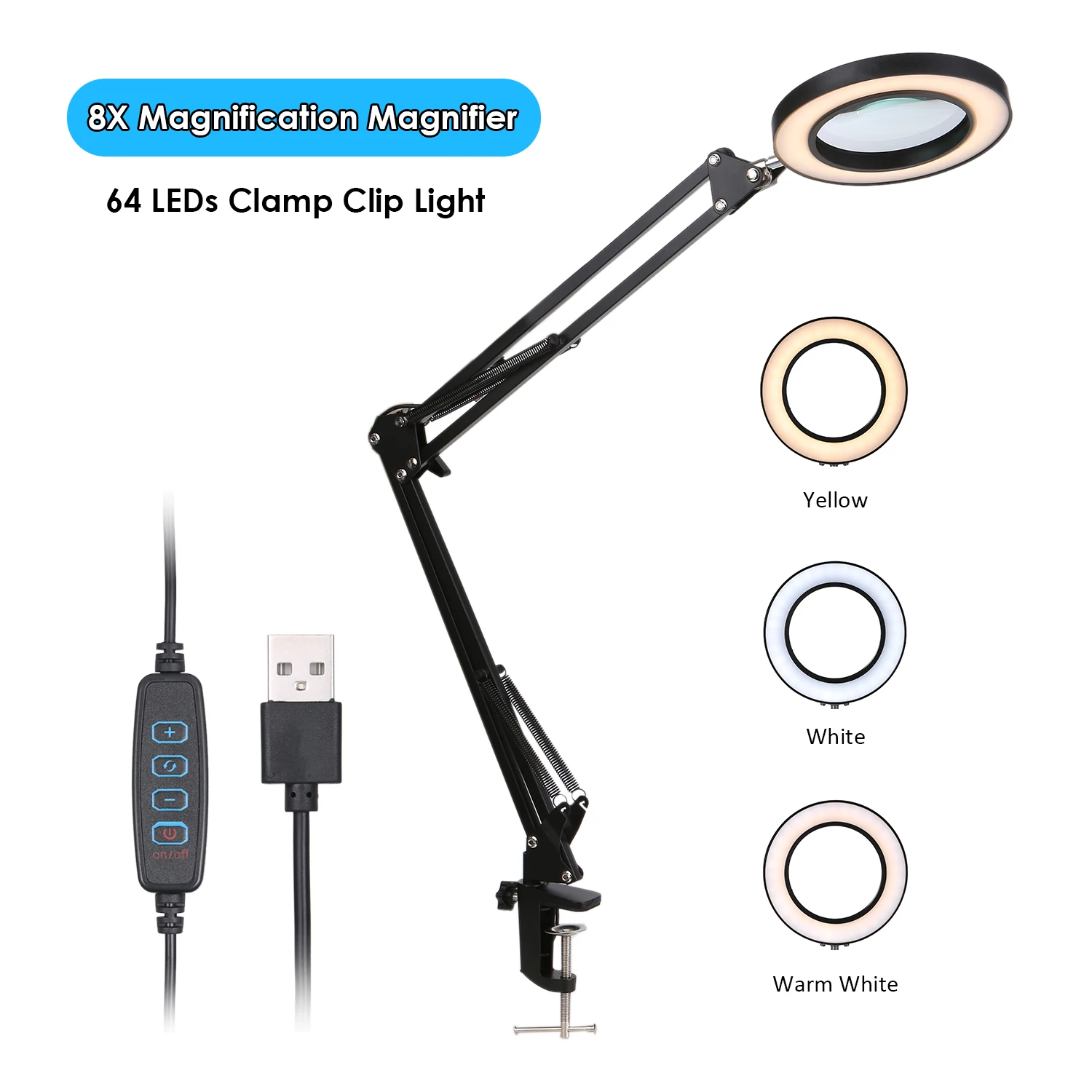 5/8X Magnifying Glass Desk Lamp Magnifier LED Light Reading Lamp with Three Dimming Modes USB Power Supply Foldable Professional