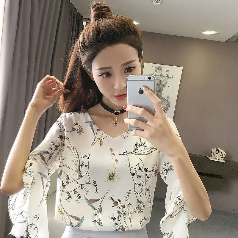

Spring And Summer Floral Chiffon Shirt Women'S New Style Shirt Short-Sleeved Top Clothes Trumpet Sleeves Thin Bottoming Shirt