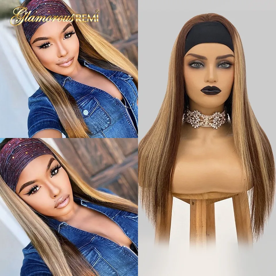 

Straight Highlight Headband Scarf Wigs Colored Blonde Full Machine Made Headband Human Hair Wigs For Women Density 150 Remy Hair