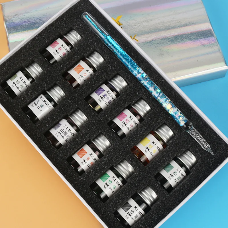 

Набор стеклянных карандашей с голубыми чернилами, Подарочная коробка, серия с блестками, 7/13 шт., карандаш для подписей, ручка для рукоделия, праздничная фоторучка