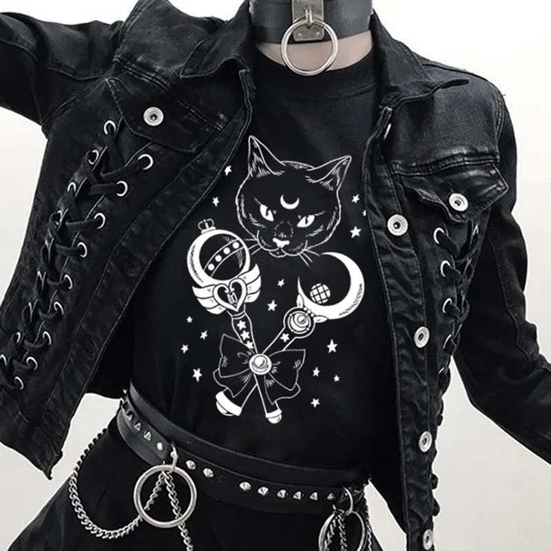 Женская футболка с коротким рукавом Готическая Футболка принтом моряка и кота в