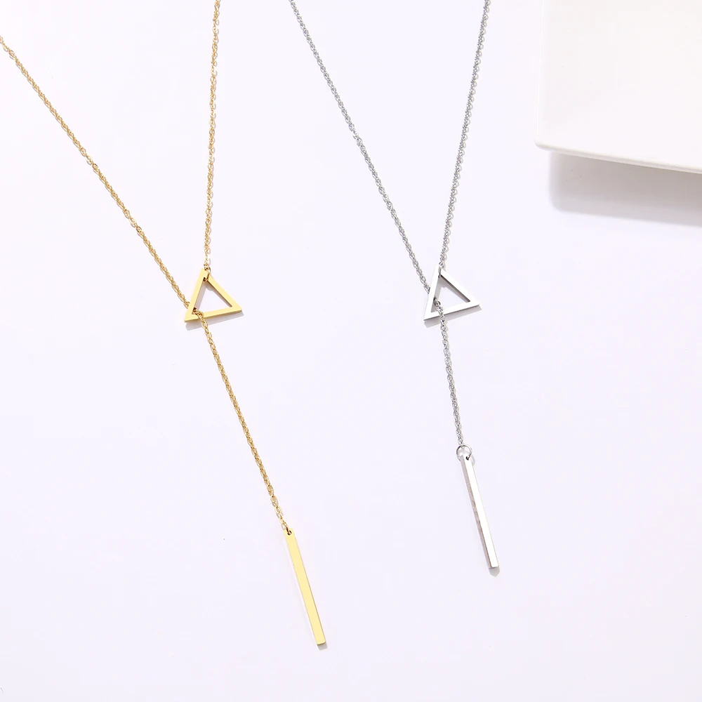 

For Women Necklaces Innovation Double Pendant Long Chain Openwork Triangle and Baguette Stainless Steel Necklace