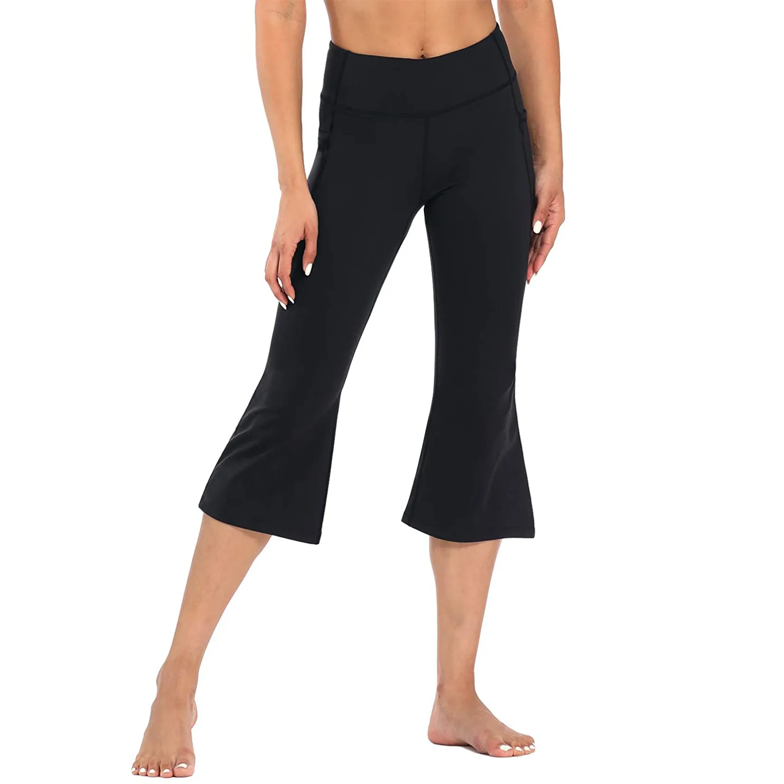 

Summer ladies fashion polyester solid color pocket high waist sports fitness wide-leg cropped trousers comfortable versatile 02*