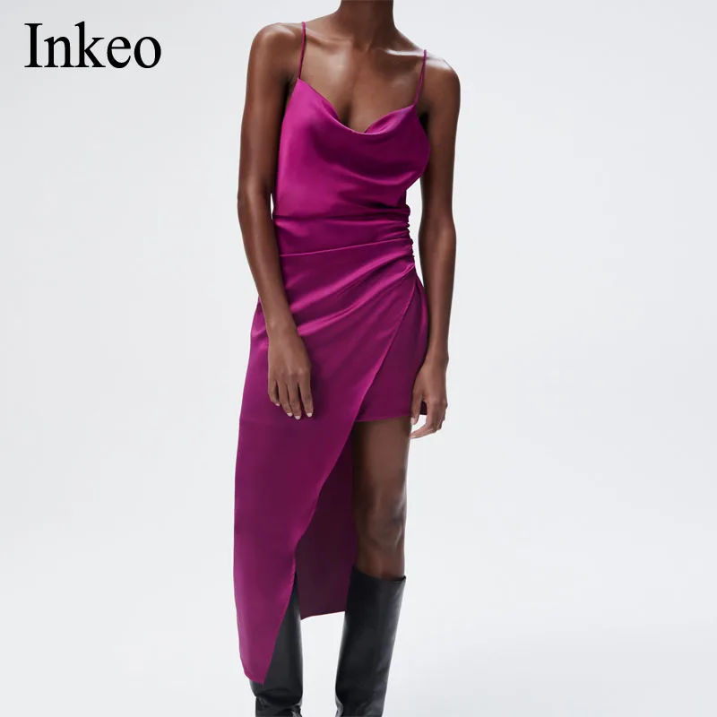 

Irregular Women's Satin dress Sexy Off shoulder Party club Asymmetry dress Fashion Spaghetti strap Dresses Summer INKEO 1D100
