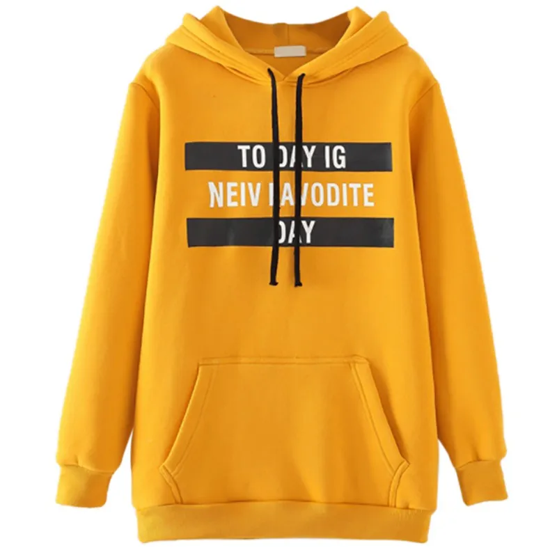 

New Plush Hoodie Letters Print Hat Collar Long Sleeve Casual Warm Winter Autumn Loose Long Thick Tops