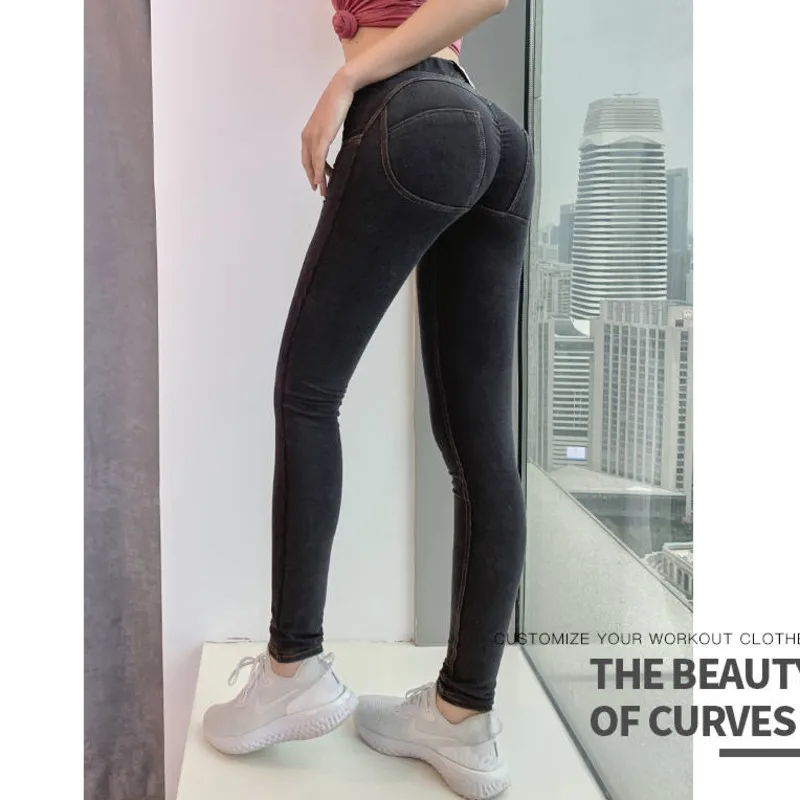 

2021 Women Jeans Stretch Knitted Fitness Leggings Push Up Hips Low Waist Silicon Band Female Pencil Denim Pants Dropshipping